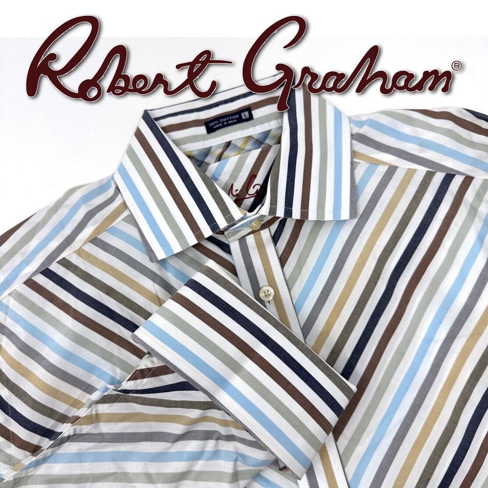 Robert Graham Shirt Mens Beige Blue Brown Chevron Stripe French Cuff Long Sleeve